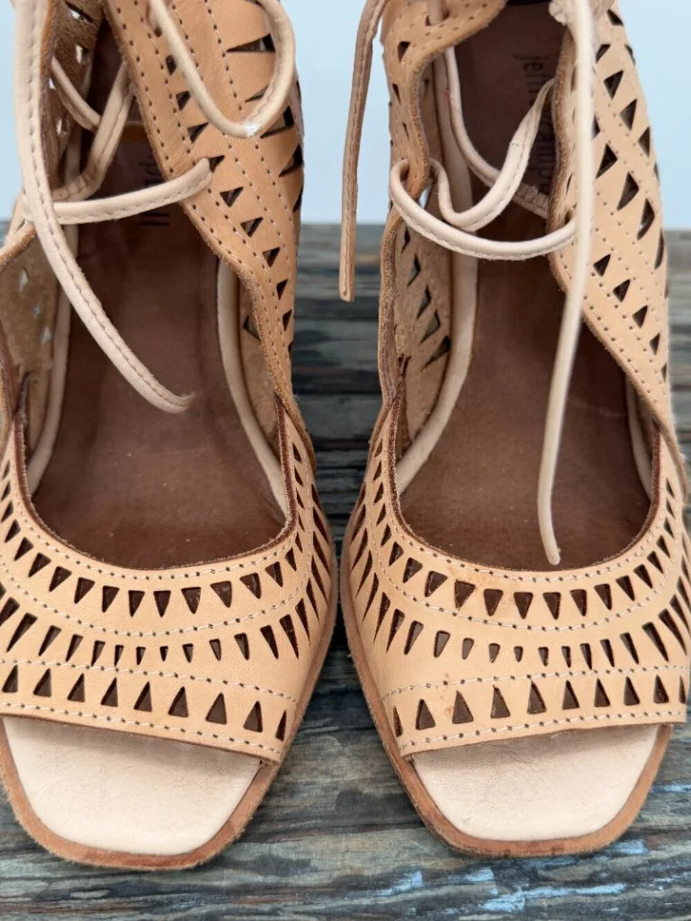 Jeffrey Campbell Tan Leather Cutout Wedge Heels Lace Up Peep Toe Size 7.5